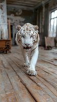 Majestic white tiger walking on wooden floor in abandoned building, intense gaze focused forward, dramatic lighting creates mysterious atmosphere.