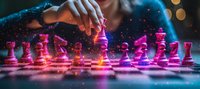 Pink glowing chess pieces on dark background with magical sparkles and bokeh lights, female hand moving queen piece in dramatic panoramic composition.