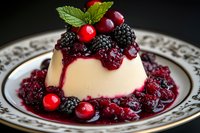Creamy panna cotta dessert topped with fresh mixed berries, cranberries and mint garnish on elegant plate for gourmet dining and restaurant menu.