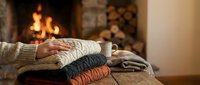 Cozy autumn scene with stacked knit sweaters and warm beverage by fireplace, perfect for seasonal lifestyle and home decor projects.