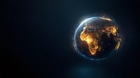 Glowing planet Earth with illuminated Africa continent and global network connections against dark space background.