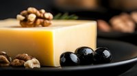Piece of aged yellow cheese with black olives and walnuts on dark plate, close up view. Gourmet appetizer composition with dairy product and snacks.