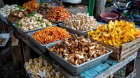 Fresh wild mushrooms and forest fungi assortment on farmers market display, including chanterelles, porcini and oyster varieties arranged in wooden boxes.