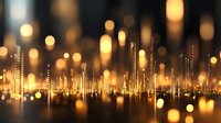 Abstract golden bokeh lights and digital equalizer bars creating futuristic cityscape silhouette with glowing particles and blurred background effect.