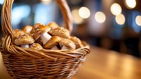 Fresh baked bread rolls with sesame seeds in woven wicker basket against blurred bokeh lights background, warm golden tones create cozy atmosphere.