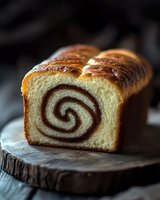 Freshly baked cinnamon swirl bread loaf sliced on rustic wooden cutting board showing spiral pattern inside soft golden pastry for bakery and cooking concepts.