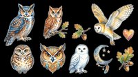 Owl collection featuring five different owl species and decorative elements isolated on transparent background, ready for t-shirt design, clipart, stickers, sublimation and print-on-demand projects.