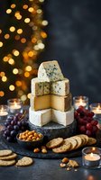 Gourmet cheese tower with crackers, grapes and nuts on slate board with candles and bokeh lights for holiday entertaining and festive celebrations.