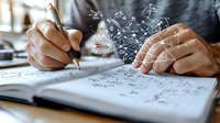 Hands writing mathematical formulas and equations in notebook with glowing digital calculations floating above, representing educational concepts and problem solving.