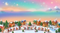 Festive winter village with colorful gingerbread houses, snow-covered landscape, and holiday decorations. Charming seasonal scene perfect for Christmas cards, holiday marketing, and festive design projects.