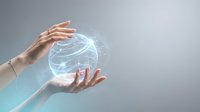 Woman's hands holding glowing digital brain hologram with neural network connections, representing artificial intelligence, technology innovation, and futuristic computing solutions.