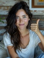Young Mediterranean woman with long dark hair and natural makeup showing thumbs up gesture while smiling warmly at camera, wearing casual white top.