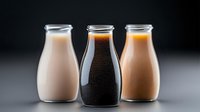 Three glass milk bottles filled with different beverages including chocolate milk and coffee drinks arranged on clean surface for dairy product marketing.