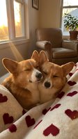 Two adorable corgi dogs cuddling together under cozy blanket in warm sunlit living room creating heartwarming domestic scene for pet lovers and home decor.