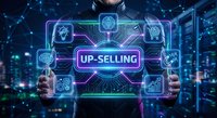 Businessman holding futuristic holographic interface displaying up-selling concept with digital icons for marketing strategy and sales growth optimization.