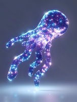 Magical glowing octopus silhouette filled with cosmic galaxy pattern in blue and purple colors floating on dark background, luminous starry texture effect.