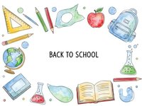 Watercolor back to school supplies frame with pencils, books, apple, backpack, globe and science equipment on white background for educational designs.