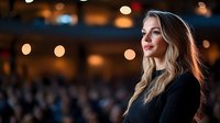 Young blonde woman in black dress smiling confidently against blurred evening event background with bokeh lights and crowd, profile view portrait with professional makeup.