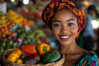 Young African woman in traditional headwrap holding basket of fresh vegetables and produce at local market, displaying bright smile and colorful attire against blurred market background.