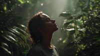 Young woman with eyes closed in lush rainforest, sunbeams filtering through dense foliage creating atmospheric misty glow. Concept of nature connection and mindfulness.