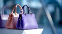Elegant leather handbags in pink and purple tones displayed on white surface against blurred background. Luxury accessories showcase modern feminine style.