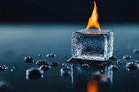 Burning ice cube with orange flame on wet surface creating fire and water contrast for creative concepts and advertising campaigns.