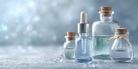 Glass bottles with cork stoppers and dropper for essential oils, serums, and cosmetic products on marble surface with soft bokeh background.