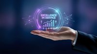 Businessman hand holding glowing neon hologram with excellence in service text and growth chart icon, representing business success, quality service standards, and digital transformation for corporate presentations.