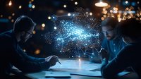 Glowing digital network hologram floating above business team working late at night with documents, innovative technology concept for corporate presentations.