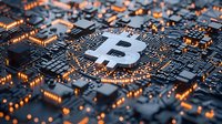 Glowing bitcoin symbol on circuit board with orange light effects and microchips, representing digital cryptocurrency and blockchain technology concept.