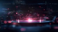 Futuristic digital platform with glowing red lights and code elements against dark background creates dramatic cybersecurity visualization effect.