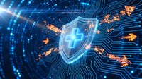 Digital cybersecurity shield protecting against cyber attacks with glowing circuit patterns and data streams for technology security concepts.