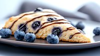 Fresh baked scone with chocolate drizzle and ripe blueberries served on gray plate, close up view of sweet breakfast pastry with fresh berries and sauce.
