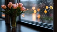 Fresh pink tulips in glass vase on windowsill with raindrops and blurred city lights, perfect for spring, home decor, and seasonal design projects.