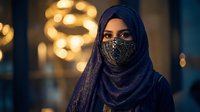 Young Middle Eastern woman wearing ornate black hijab and decorative face mask with golden bokeh lights creating warm atmospheric background for fashion photography.