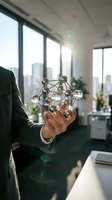Businessman holding molecular structure model in modern office representing innovation, science, technology and business development concepts.