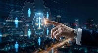 Businessman hand touching digital interface with justice scales and human icons representing legal technology and law firm management systems.