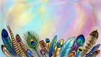 Colorful feather collection with peacock plumes and exotic bird feathers arranged in decorative border on pastel rainbow watercolor background for bohemian design projects.