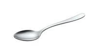 Stainless steel spoon with polished finish isolated on white background, suitable for kitchenware design, product mockups, and culinary graphics.