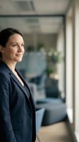 Professional businesswoman in navy suit looking confidently ahead in modern office environment with natural lighting and glass partitions.