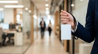 Businessman in dark suit holding blank white ID badge or access card in modern office corridor with blurred colleagues walking in background, corporate security and identification concept.