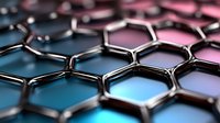 Metallic hexagonal grid pattern with pink and blue gradient background creating futuristic technological surface, macro view for tech and science designs.