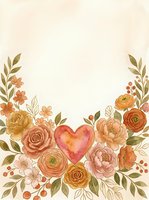 Watercolor floral wreath with red heart center featuring roses, ranunculus and leaves on cream background for romantic greeting cards and wedding invitations.