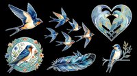 Watercolor birds isolated on transparent background, ready for t-shirt design, clipart, stickers, sublimation and print-on-demand projects. Features flying swallows, perched songbirds, decorative heart and feather elements.