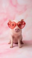 Adorable pink piglet wearing heart-shaped sunglasses sitting against dreamy pink cloud background for Valentine's Day romance and love themes.