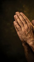 Elderly male hands pressed together in prayer or meditation gesture against dark background, conveying spirituality, faith, gratitude, and contemplation for religious and wellness concepts.
