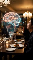 Young Asian businessman contemplating holographic brain projection in upscale restaurant setting with wine glasses and gourmet meal on table.