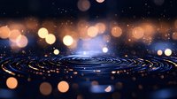 Futuristic digital spiral platform with glowing particles and bokeh lights in space. Abstract technology background for sci-fi designs and presentations.