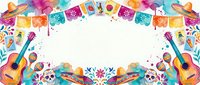 Colorful Mexican fiesta banner with guitars, skulls, maracas, sombreros, papel picado and loteria cards in vibrant watercolor style, copy space center.