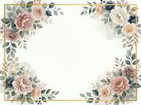 Vintage floral frame with roses, peonies, and greenery in soft blush, cream, and sage tones. Gold border. Suitable for invitations, cards, and wedding designs.